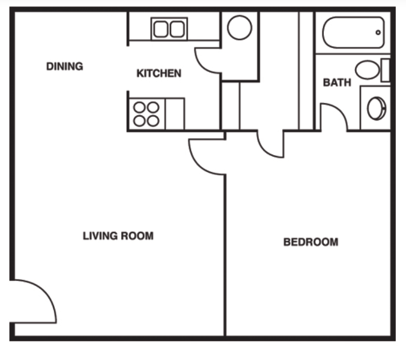 Floor plan for 1 bed, 1 bath, 590 sqft